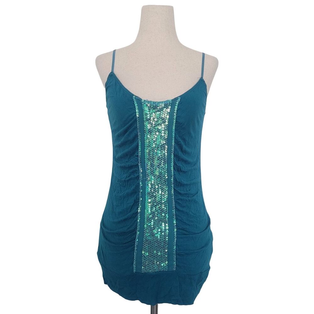 VTG Y2k Fang Ruched Sequin Panel Tank Top Size M Blue Rave Festival Fairy